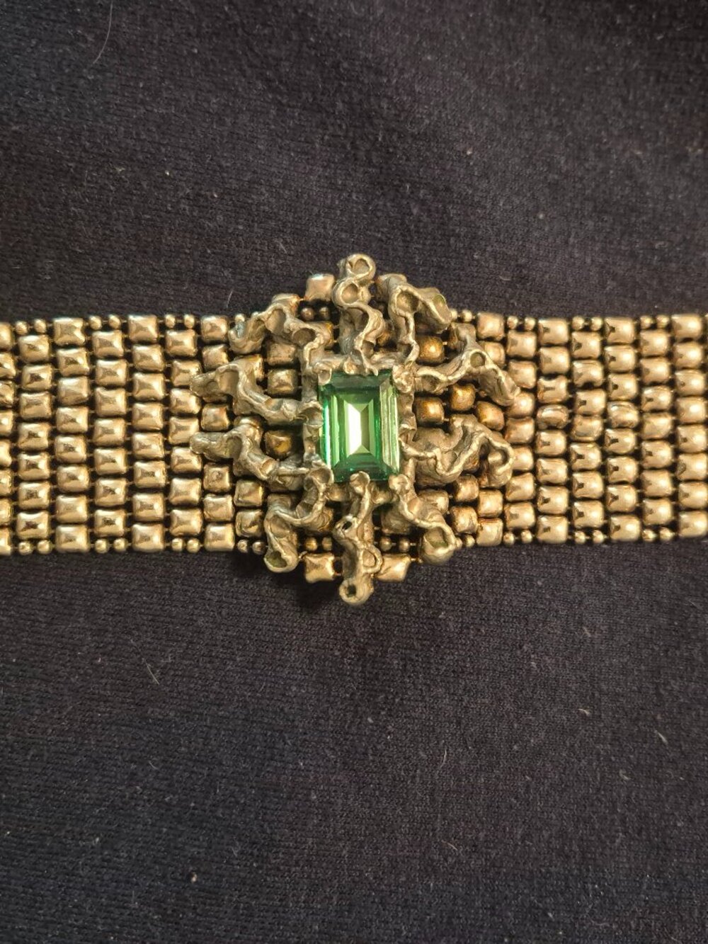 SERGIO GUTIERREZ-Silver Mesh Liquid Metal Bracelet w/ Teal Emerald Cut Crystal